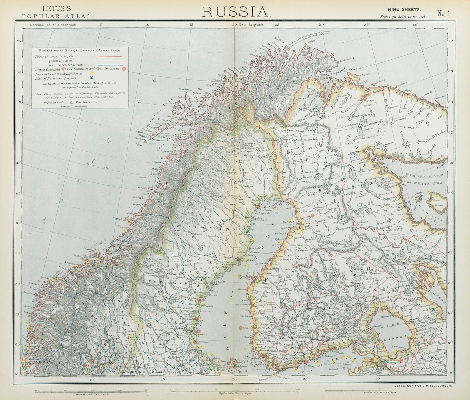 SCANDINAVIA Northern Sweden & Norway, Finland, Karelia & Murmansk LETTS 1883 map